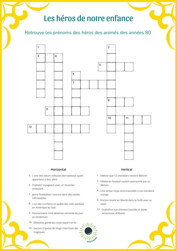 Jeu de mots croisés sur le thème des héros de notre enfance.